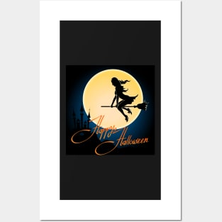 Happy Halloween poster with witch on a broom Posters and Art